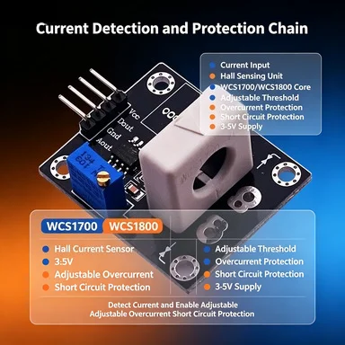 WCS1700 WCS1800 Hall Effect Current Sensor, 3-5V DC 70A/35A Adjustable Over-Current Detector