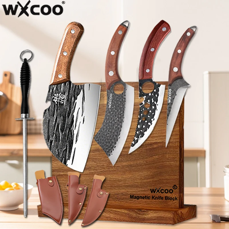 

Нож для кухни WXCOO, для приготовления пищи, барбекю, разделки мяса (овечьего, говяжьего), нарезки фруктов, ручной ковки, набор с магнитной подставкой для ножей.