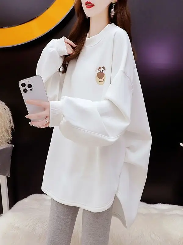 Felpa con cappuccio taglie forti foderata Fce da donna Casual rotonda Ne stampata lunga Sve coreana Sle comoda per il tempo libero