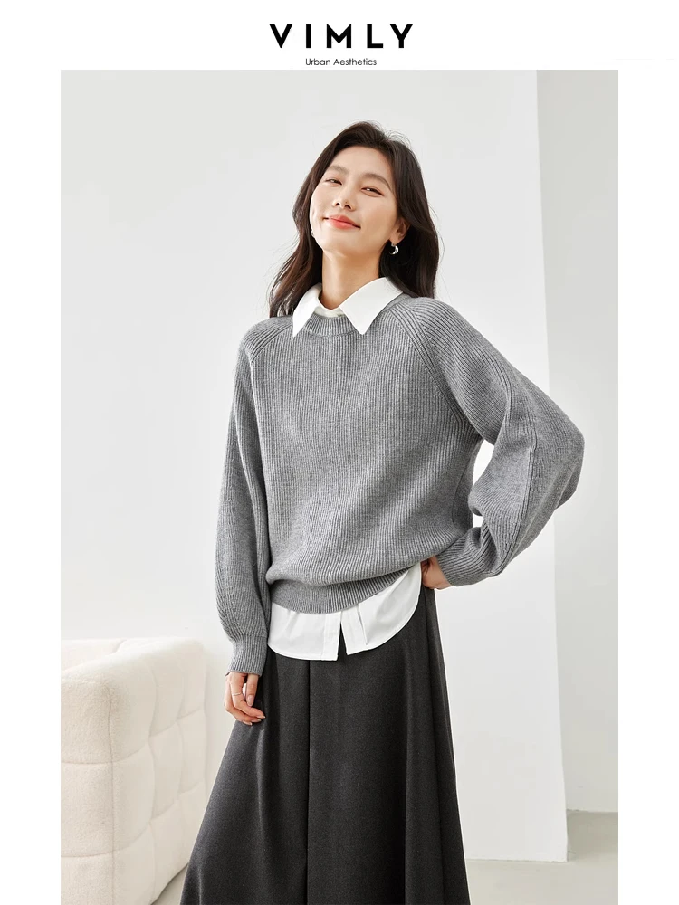 Vimly Grey O-neck Knitted Sweater Pullovers 2023 Winter Thick High Strecth Female Jumpers Knitwear Women's Long Sleeve Top 72659