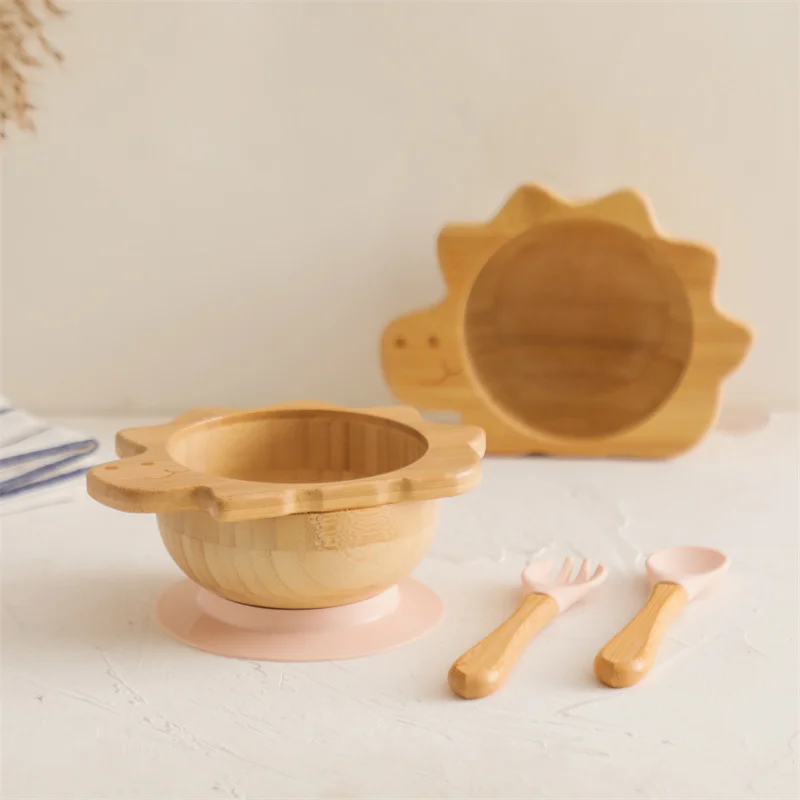 Baby Wooden Tableware Set Dinosaur Bamboo Wooden Plate Bowl Silicone Suction Wooden Handle Fork Spoon for Children Feeding Gift