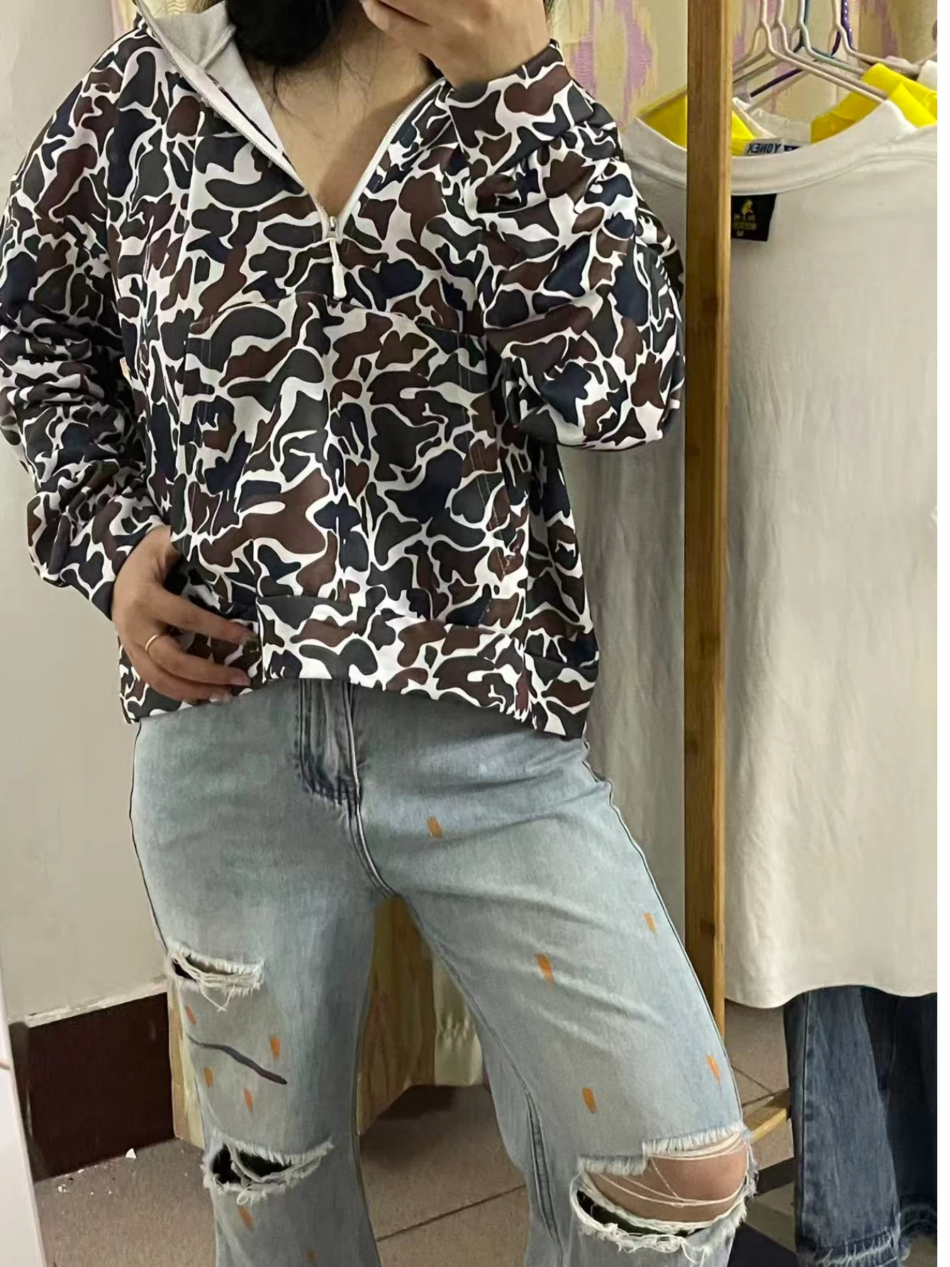 كامو زمم هوديي للنساء ربع الرمز البريدي هوديي سترة التكتيكية نمط اقتصاص الرياضة البلوز #5