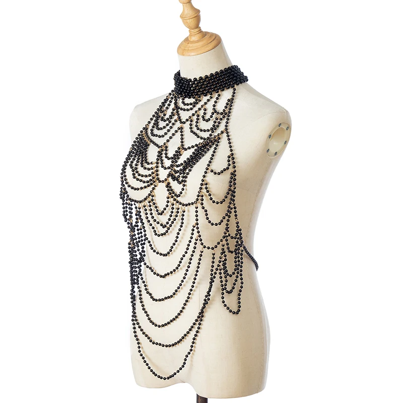 

Hazem Story American retro hollow body chain hand-woven pearl shawl drop fringe dress shoulder chain accessory