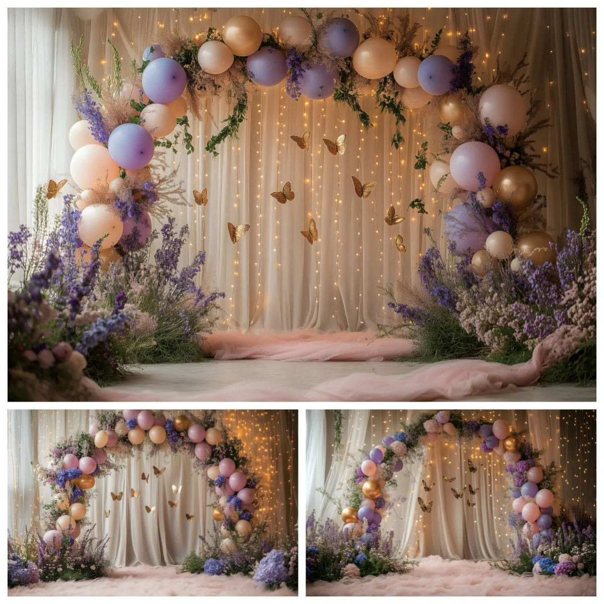 

Girls Princess Birthday Party Decoration Backdrop Photography Colorful Balloon Arch White Curtain Wedding Decor Photo Background