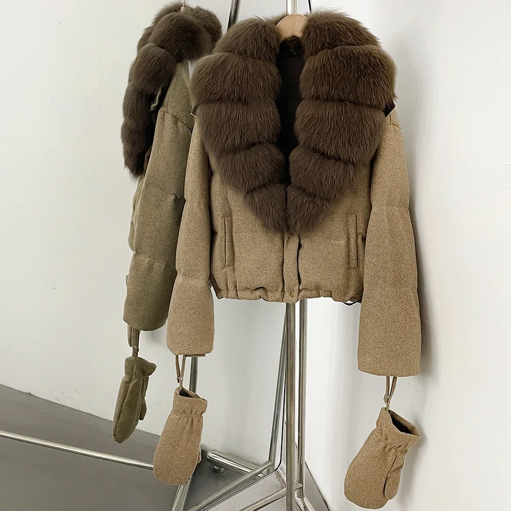 OFTBUY Neuer Winter-Puffermantel mit abnehmbaren Handschuhen, Damen-Woll-Daunenjacke mit echtem Fuchspelzkragen, kurze Kleidung mit echtem Pelzbesatz – Detail 12
