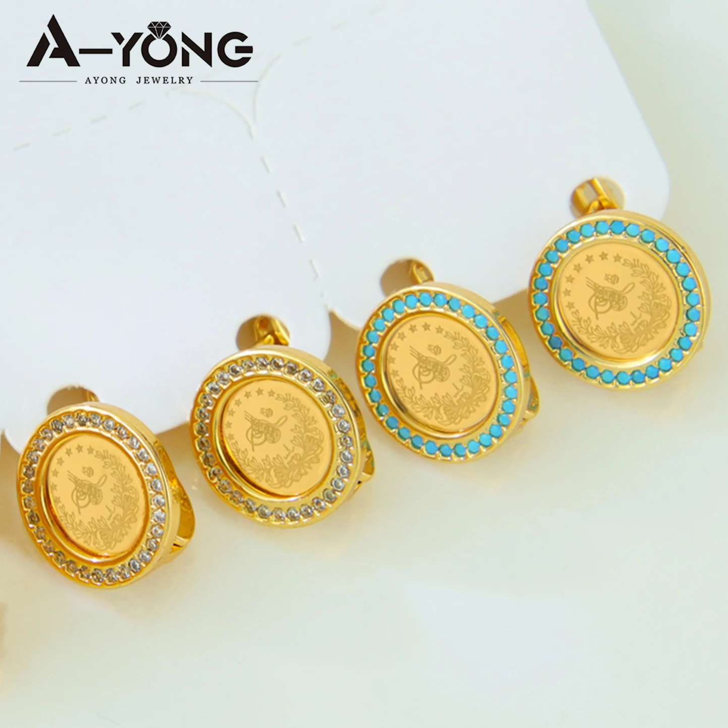 

Fashion Turkish Coins Stud Earrings 21k Gold Plated Italian Luxury Round Ear Nail Dubai Women Wedding Party Jewelry