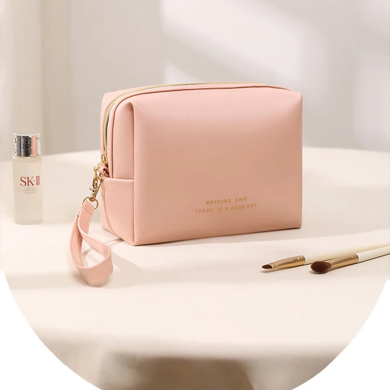 Bolso de mano de moda para cosméticos, bolsa de viaje para maquillaje para mujer, estuche portátil de cuero PU para cosméticos, bolsas de almacenamiento de maquillaje con asa
