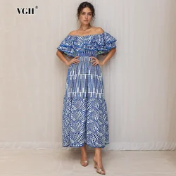 VGH Elegant Dresses For Women Slash Neck Sleeveless High Wiast A Line Hit Color Casual Summer Dress Female Fashion Clothing New