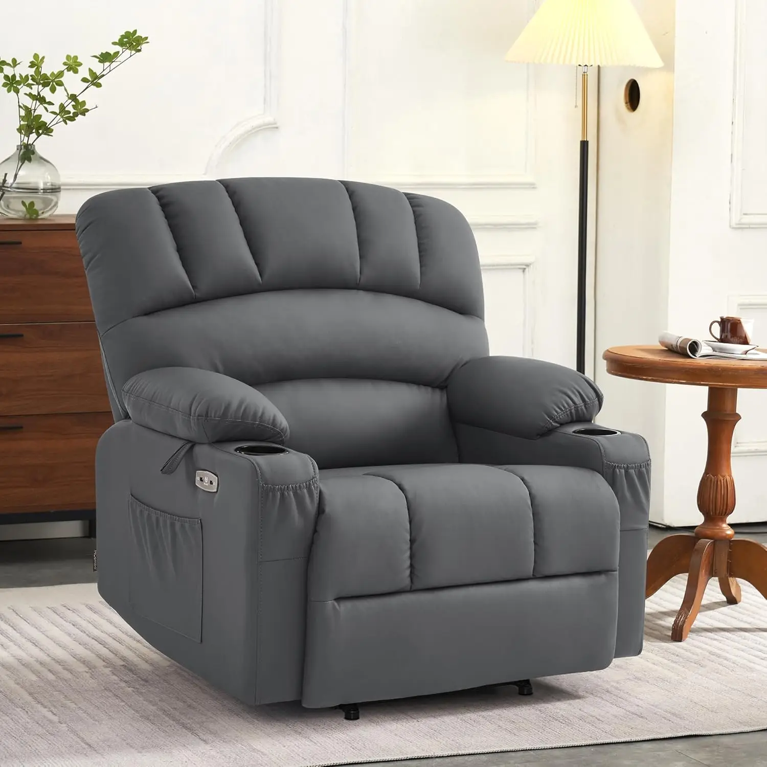 Power Lift Recliner Chair Sofa with Heat for Big Elderly People Cup Holders USB Ports Side Pockets Faux Leather Medium Wide