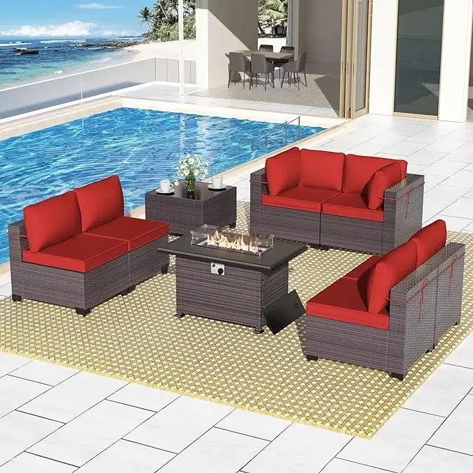 

8pcs Outdoor Sectional Sofa Set with 43in Propane Fire Pit Table,PE Rattan Wicker Patio Conversation Set w/ Soft Seat Cushions