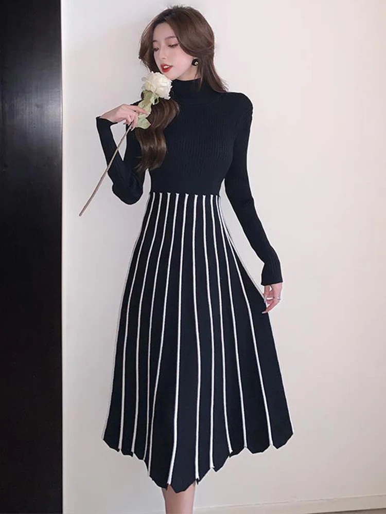 New Knitted Women Dress Black Temperament Mujer Simple Stretchy Basic Bodycon Pleated Midi Street Inner-Match Robe Femme Vestido