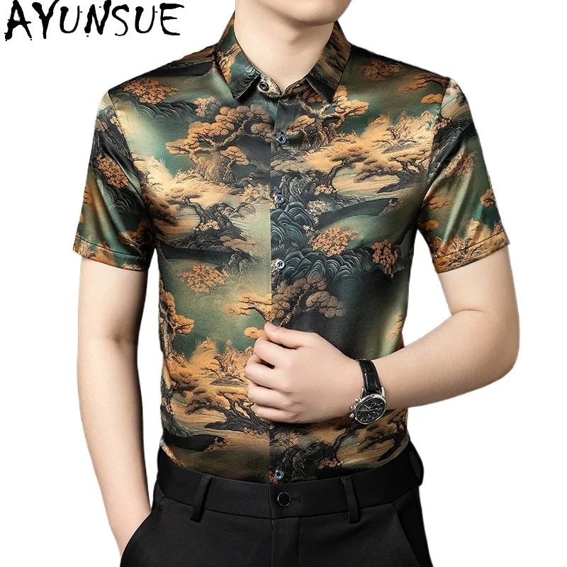 

AYUNSUE 92.5% Real Mulberry Silk Shirts for Man High Quality Short Sleeve Shirt 2026 Summer Tops Fashion Printed Men's Shirts