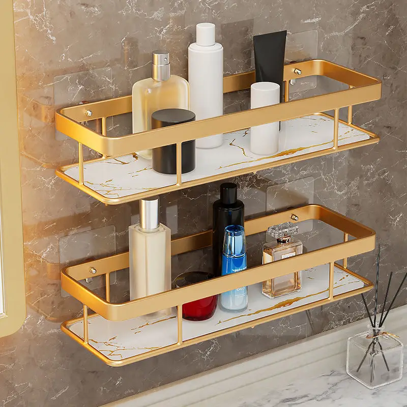 Metal Frame Marbled Glass Base Free Punch Wall Storage Holder Bathroom Toilet Washbasin Wall Storage Shelf Dresser Wall Rack Art