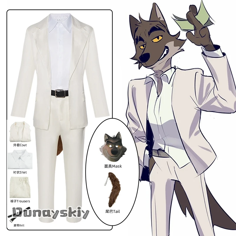 

Halloween Bad Wolf Cosplay Guys Costume Wolf Hood/Wolf Tail Full Set Accessory Halloween Disguise Suits White Unisex Outfit