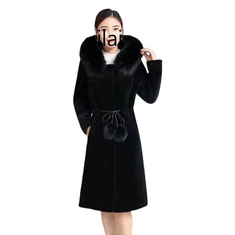 Winter Women  Long Fur Coat  Warm  ladies jacket  High Quality Water Velvet Coat Hooded faux fur Coat Black sheepskin Coat