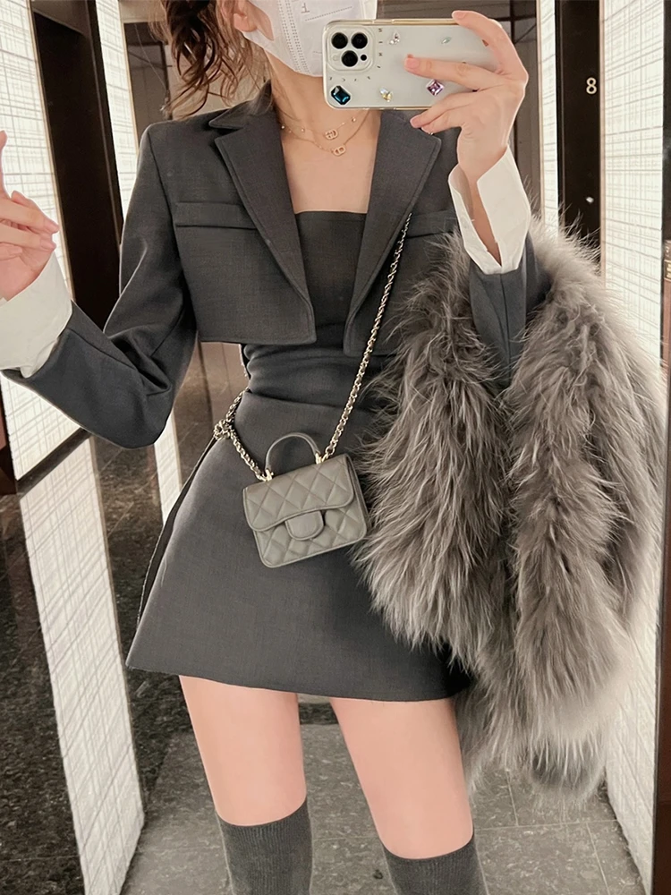 Conjunto de vestido coreano de duas peças para mulheres, blazer casual, conjunto de vestido com casaco e alça, slim fit, vintage e elegante, preto e