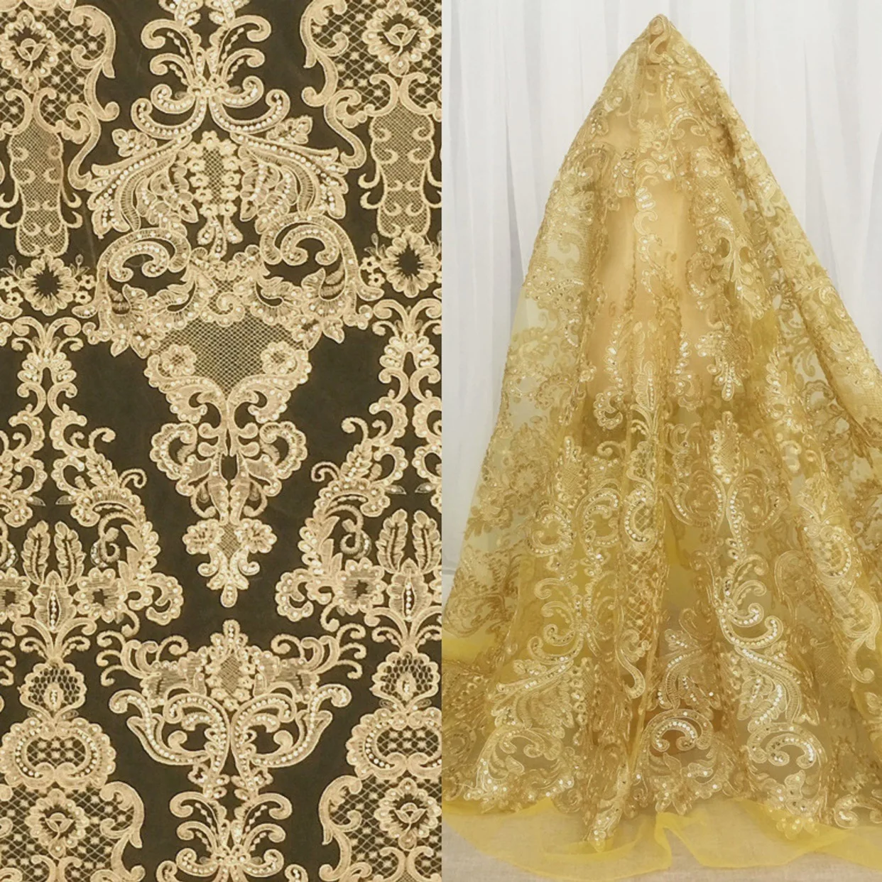 1yard Gold And Black Sequin Embroidery Lace Wedding Dress Fabric  Princess Dress Material Noble Royal Court European Style