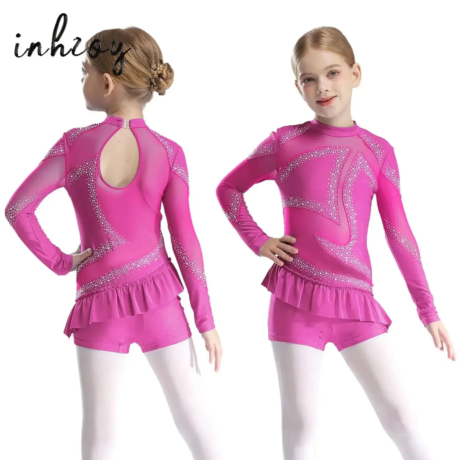 

Kids Girls Ballet Jersey Leotard Rhinestone Gymnastics Artistic Skating Costume One-Piece Ruffle Hem Shorty Unitard Dancewear