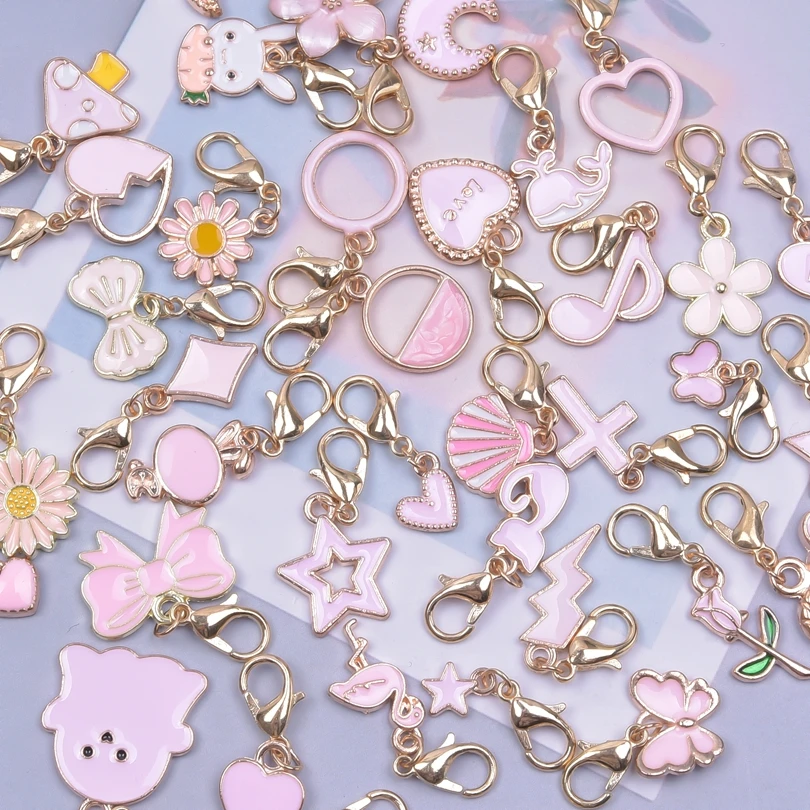 Mix Pink Flower Animal Charms With Lobster Clasp For Jewelry Making Supplies Cute Heart Moon Pendant DIY Backpack Keychain Charm