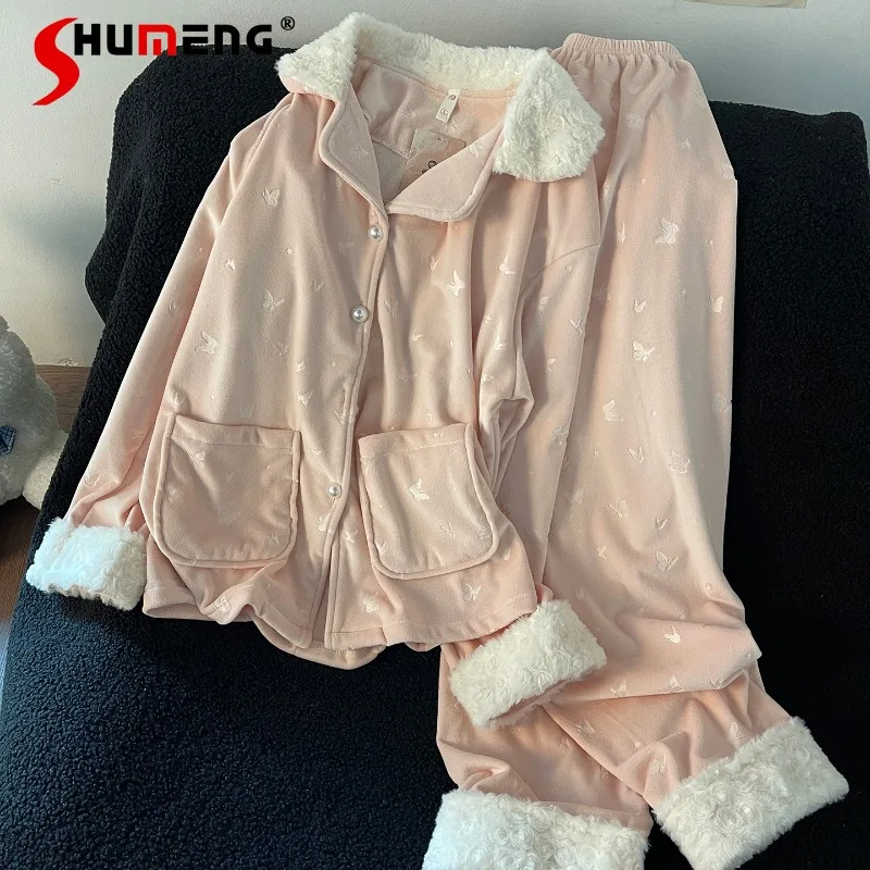 

Женские зимние бархатные пижамы, утепленная милая розовая домашняя одежда с бабочкой, женский теплый флисовый комплект домашней одежды в японском стиле