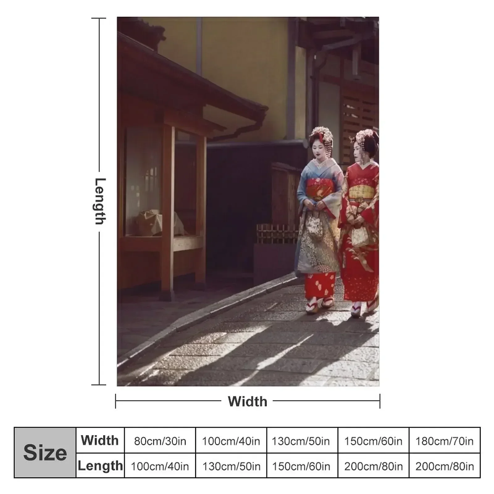 Two Geisha apprentices Maiko in bright kimono walking down an old street in Kyoto Japan art photo print Throw Blanket