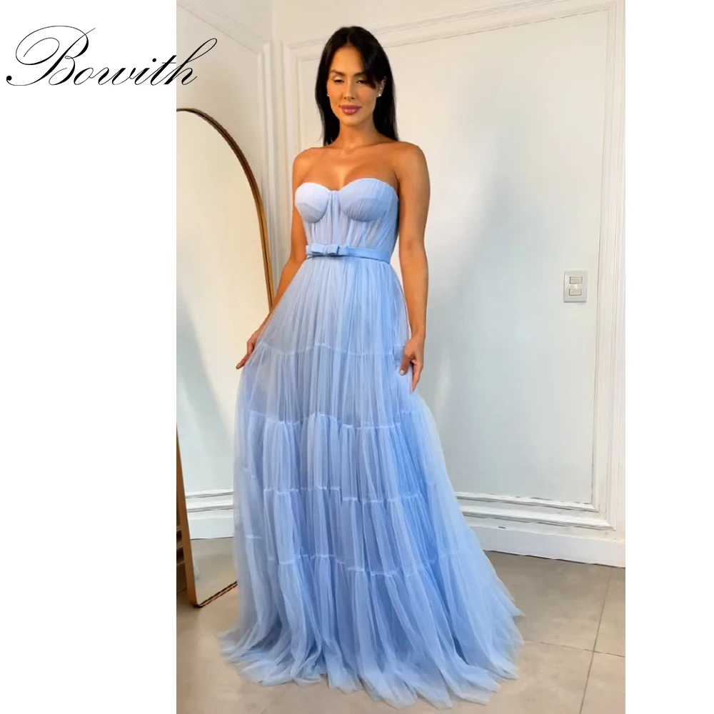 

Bowith Blue Soft Tulle Prom Dresses Strapless Sweetheart Bow Evening Dresses Customized Party Dresses for Special Occasion