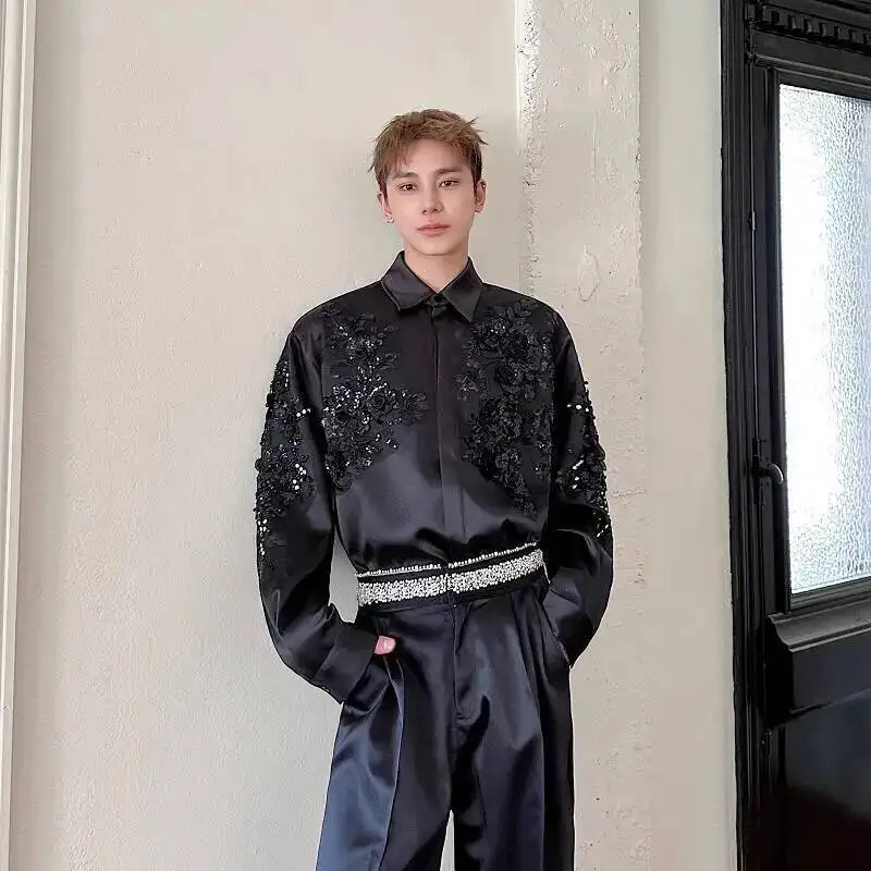 

Осень 2022, мужские парчовые рубашки с блестками и вышивкой, повседневная мужская одежда с лацканами и длинными рукавами, однобортные свободные мужские топы