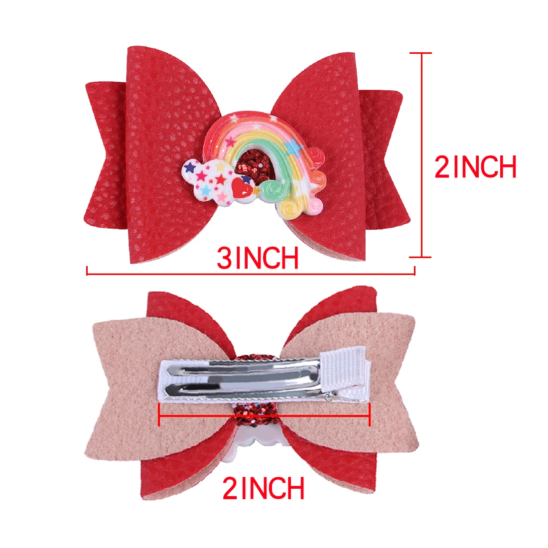 1PC PU Leather Hair Bows with Clips 3inch Bows Rainbow Hair Clips Girls Barrettes Children Kids Hairpins Party Hair Accessories