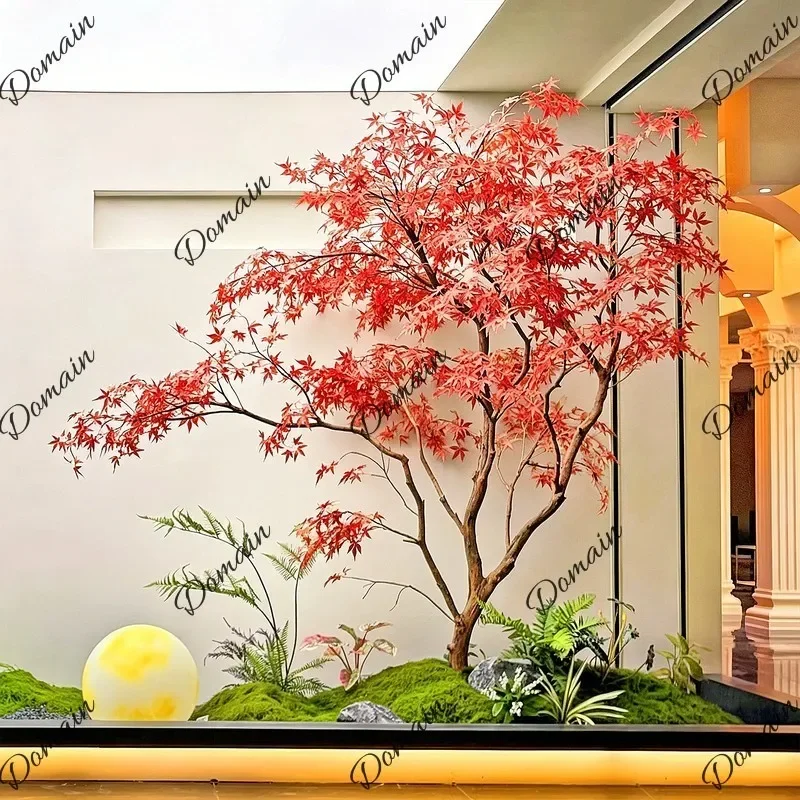 BJ Large Realistic Artificial Red Maple Tree Luxury Faux Plant For Indoor Staircase Window Display Decor