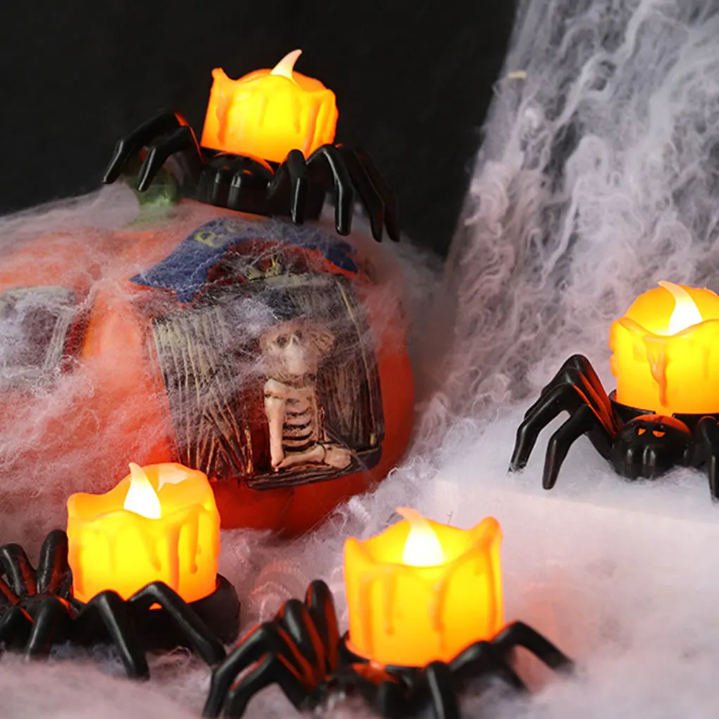 New 12PCS/SET Plastic LED Electronic Candle Lights Halloween Decorations With Exquisite Pumpkin Lantern White Spider Lamp