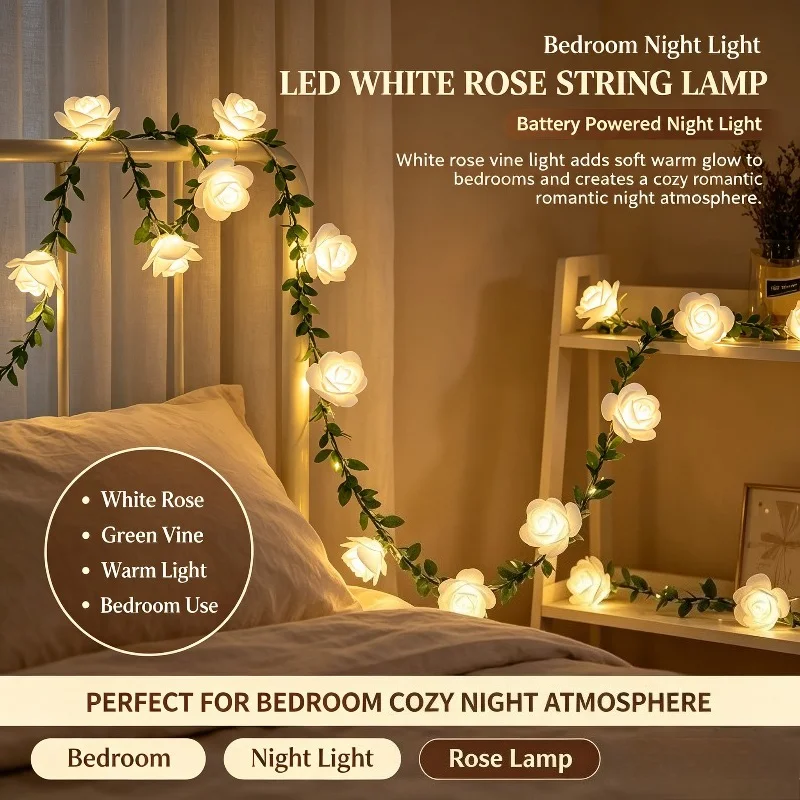 White Rose LED String Lamp Battery Powered Night Light Green Vine Wreath Wedding Festival Party Bedroom Decoration Atmosphere