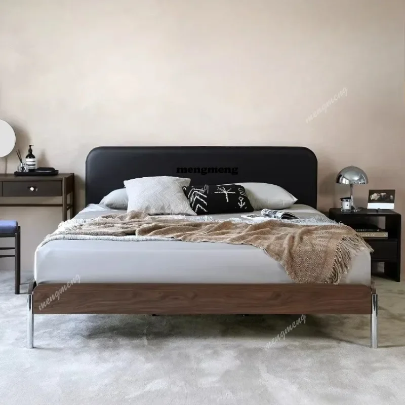 M138 Medieval style solid wood leather bed space saving narrow side double bed small apartment bedroom soft bag wedding bed