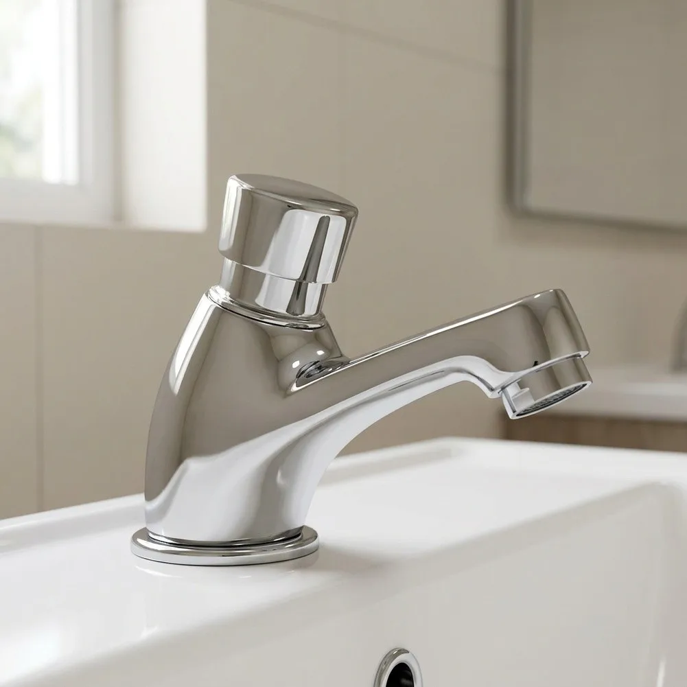 Self Closing Push Button Basin Faucet Solid Brass Single Cold Water Tap-Time Delay Valve For Public Restroom School-Hotel Sink