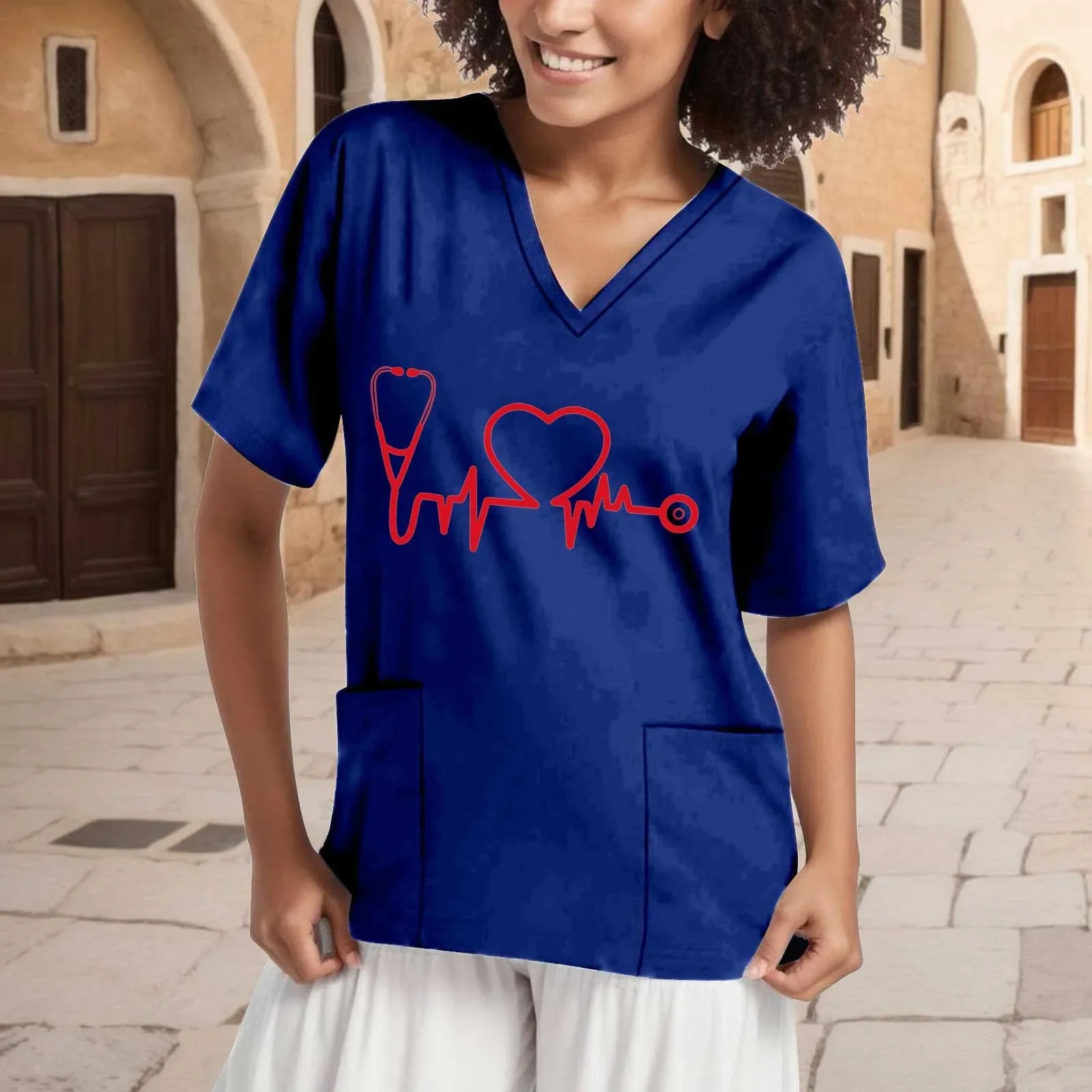 Summer Women\'s Clothing With Heart Pattern Short Sleeved V-Neck Fashion Frosted Tops Uniform Short Sleeve Doctor Nurse New