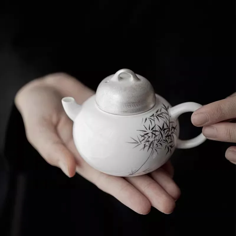 

Retro Chinese Hand-Painted Bamboo Teapot, Household Ceramic With Follicular Teapot, Kung Fu Tea Set, Silver Mouth Small Pot