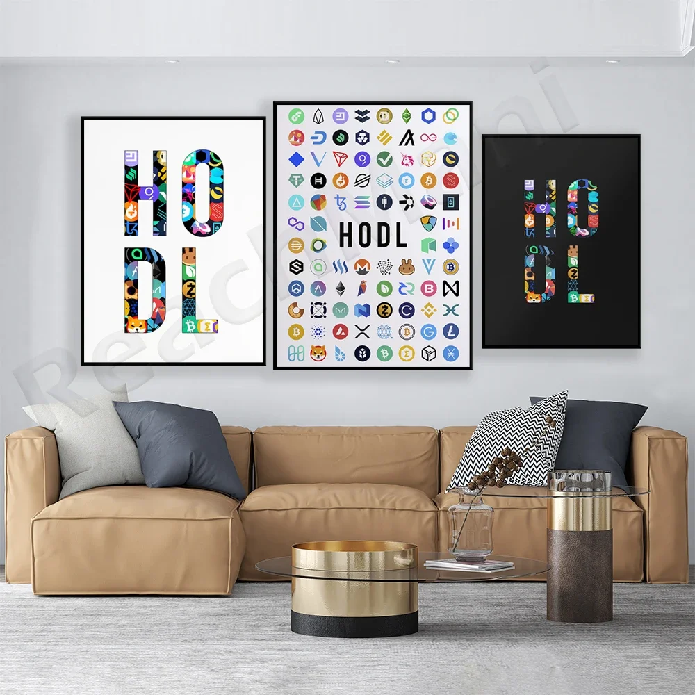 Crypto Coins Logos Wall Art Poster for Traders - 'Hodl' Motto Wall Street Stock Markets Design Forex Trading Room Decor