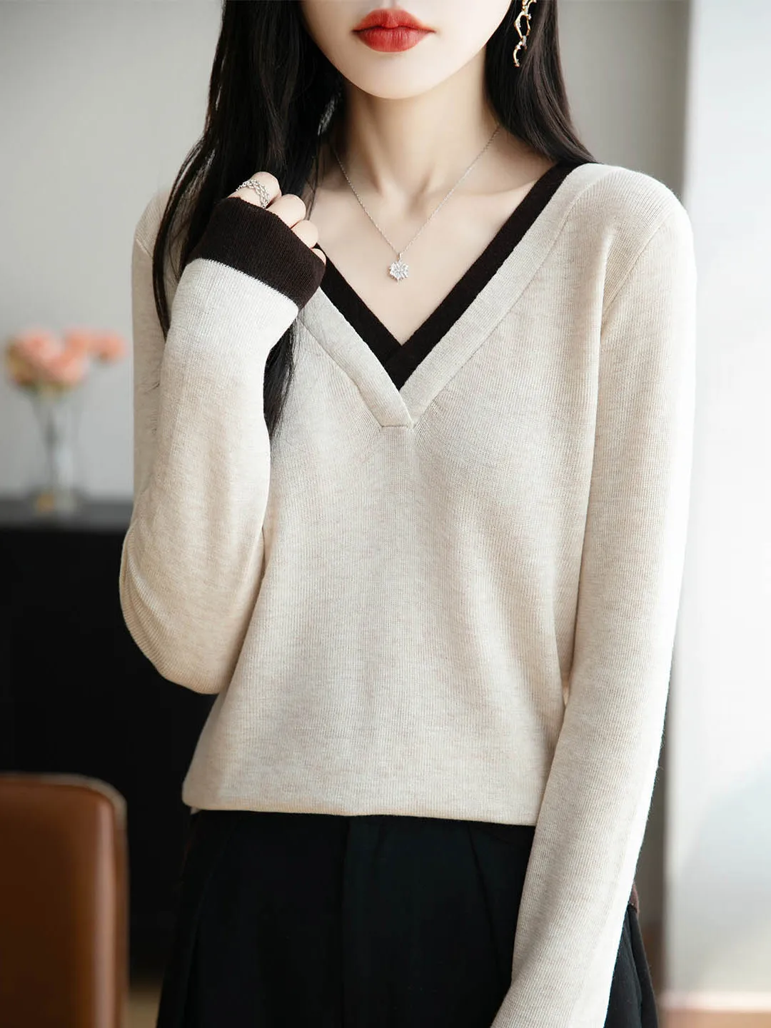 

Женский вязаный свитер с V-образным вырезом, тонкий цветной дизайн, премиум-класса, тонкая пряжа, весна-осень, новый топ French Sle