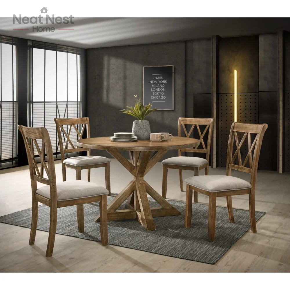 

48" Round Dining Table Set for 4, 5-Piece Wooden Kitchen Table Farmhouse Rustic Circle Dining Table Set of 5