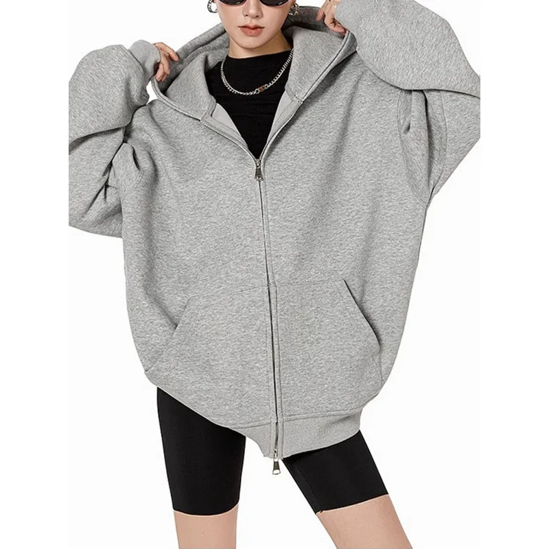 

American Style Retro Heavyweight Grey Sweatshirt Cardigan Women's Hooded Jacket Autumn Winter Color Loose Casual Versat...
