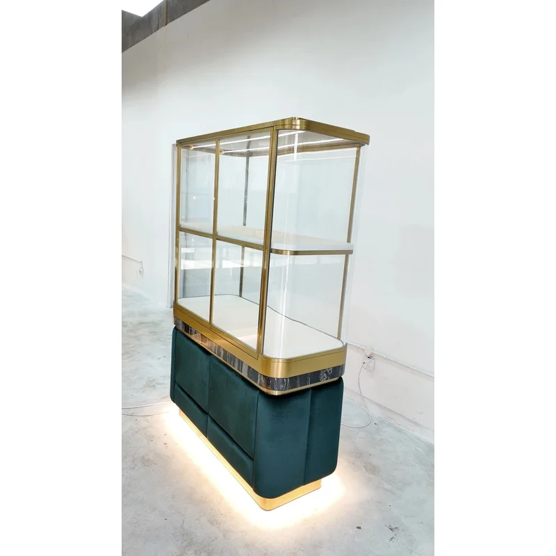 custom.Green Velvet LED Eco Friendly Heavy Duty Customizable Jewelry Display Cabinet Glass Showcase Luxury Retail Furniture