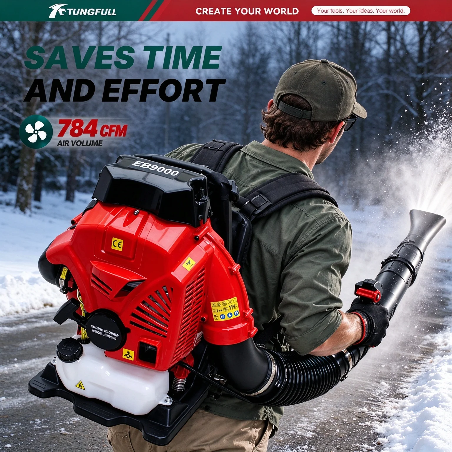 TUNGFULL EB9000 Gas Backpack Leaf Blower 2-Stroke 79.2cc Air Blower for Snow Road Industrial Sweeping Tool