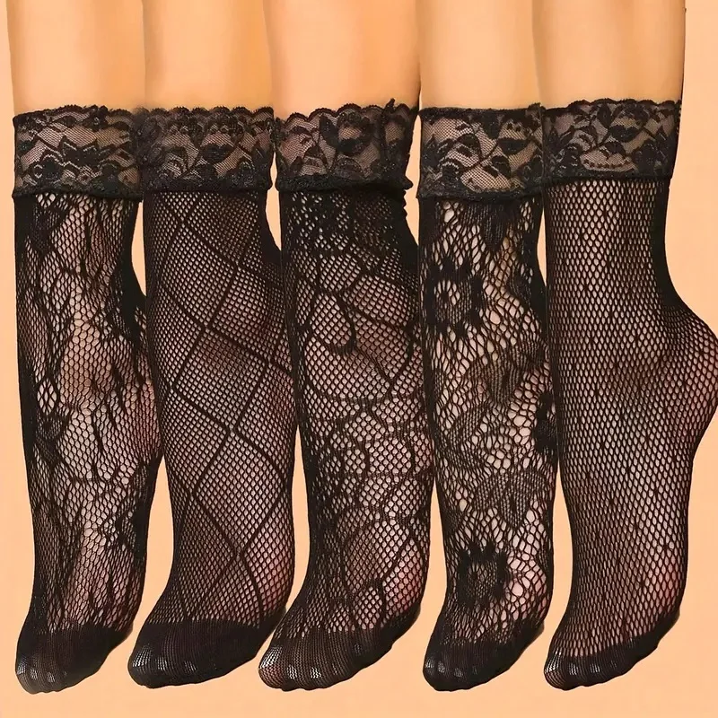 5 Pairs Lace Women Mesh Socks Summer Elastic Transparent Ankle Socks Vintage Lolita Women Versatile Fishnet Net Black Sock