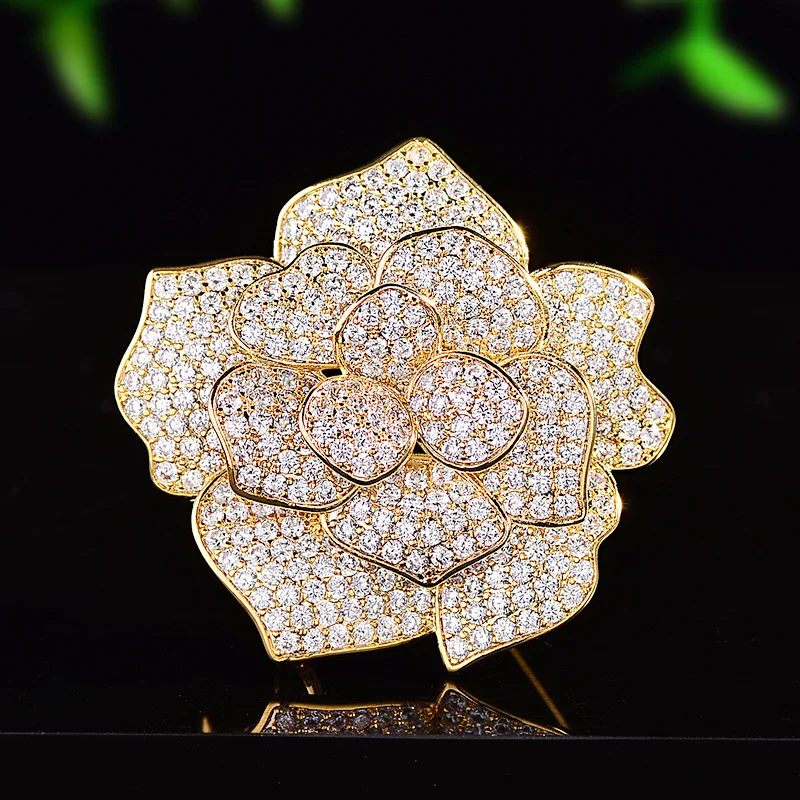 Chinese Style Auspicious Lucky Camellia Full Pave Zircon Brooch Elegant Chic Lapel Pin For Women Daily Commute Wear Gold Silver