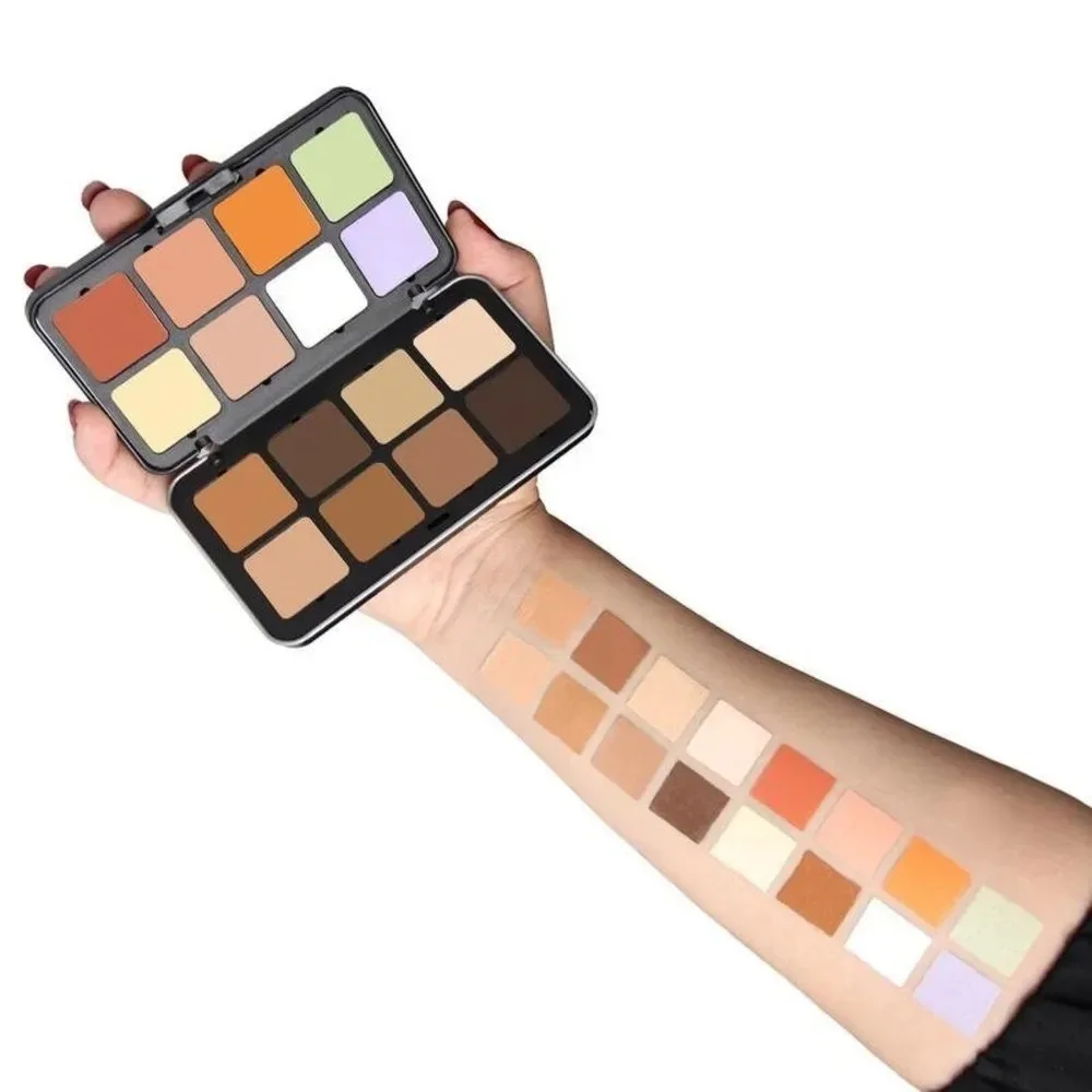 Palette de fard à joues en poudre avec boîte en fer, crème pour le visage naturelle, éclaircit même le teint de la peau, palette de correcteur injuste, 12 couleurs