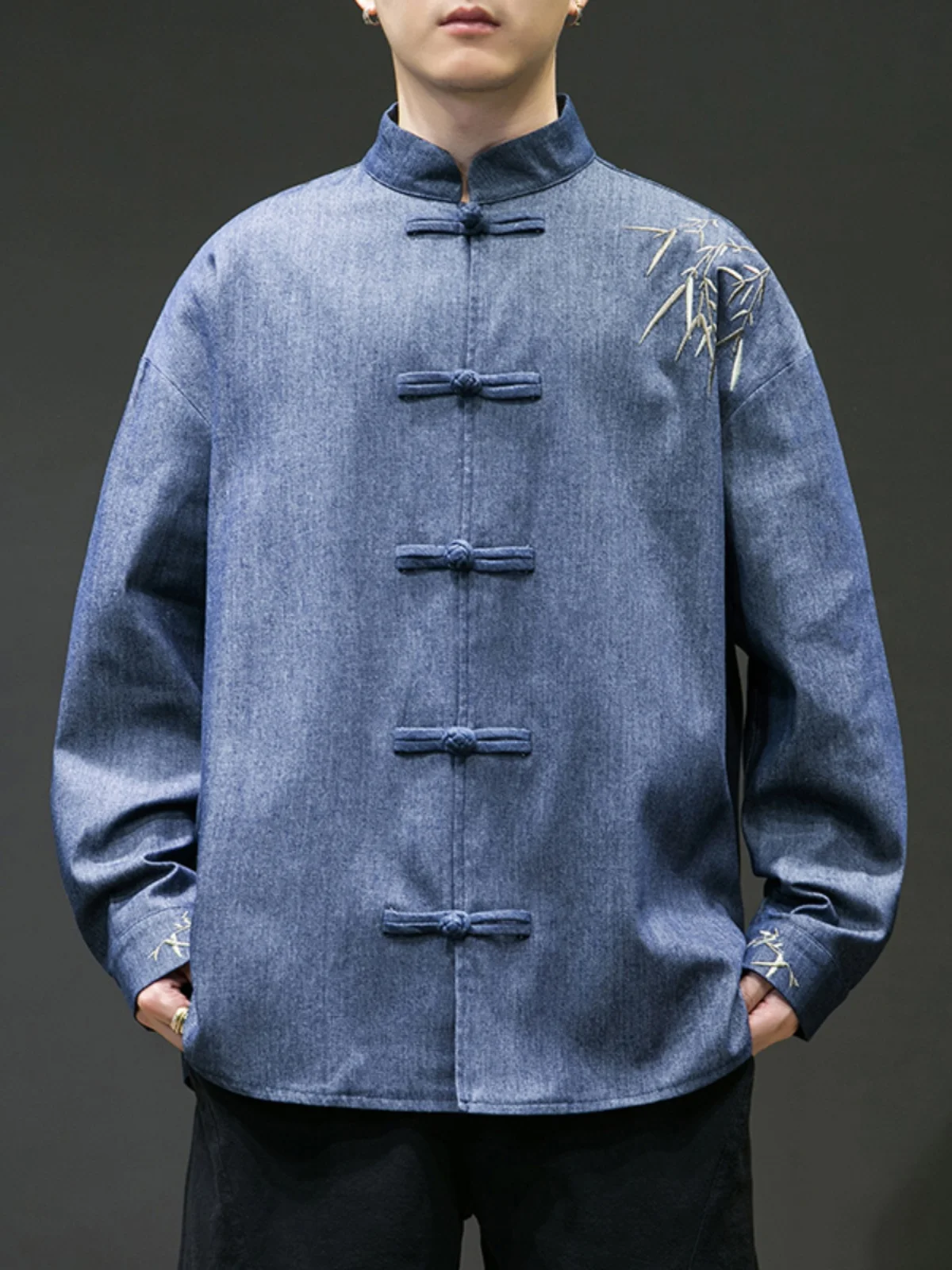 

Loose Casual Embroidered Chinese Sle Large Size Stand Collar Men's Denim irt Faionable Urban Spring Cotton Blend Top