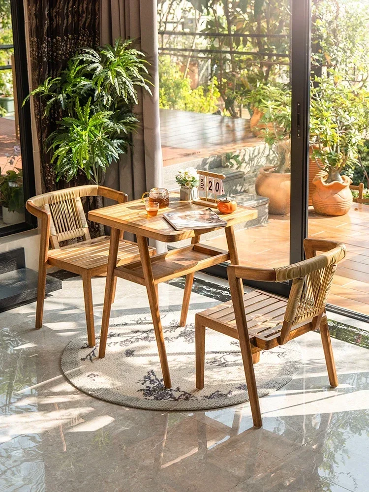 Balcony tea table and chair combination solid wood three-piece set sunscreen leisure