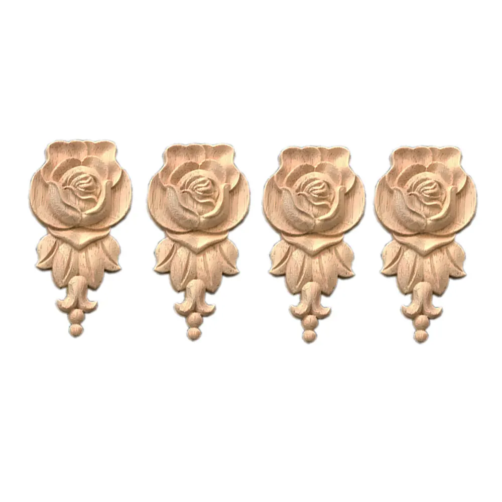 4pcs European 10x6cm Wood Carved Mouldings Decal Applique Long Onlay Unpainted Rose Flower Door Home Decor Sculptures for Home