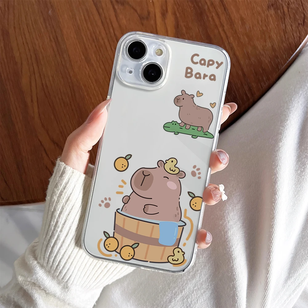 Capybara Cute Rich Kawaii Bath Funny Cartoon Phone Case For iPhone 11 13 16 15 14 12 Pro Max Plus Clear Transparent Soft Shell