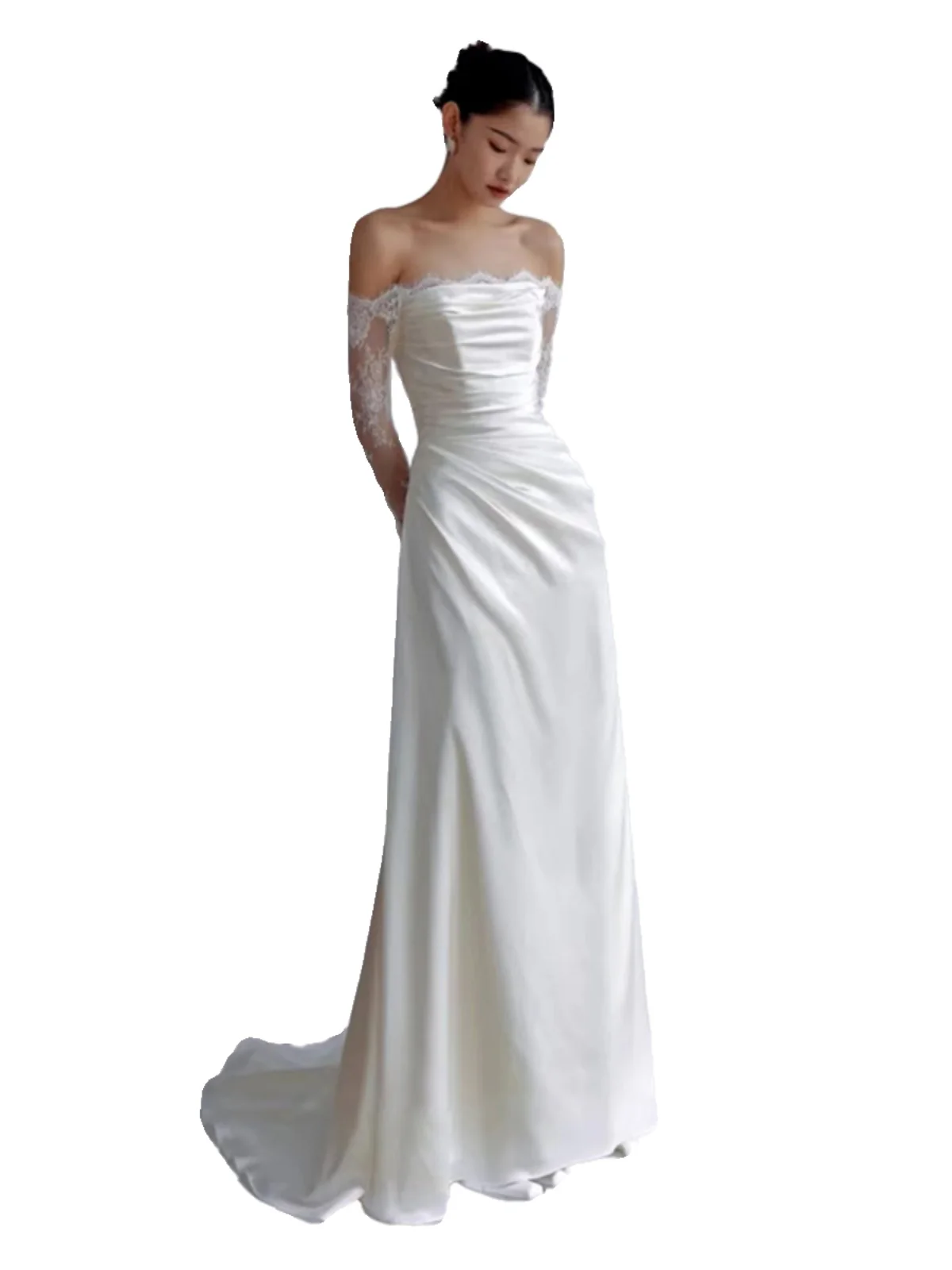 Vestido de Noiva de Renda de Seda Satin com Manga Longa e Um Ombro, Branco, Estilo Super Fada para Casamento