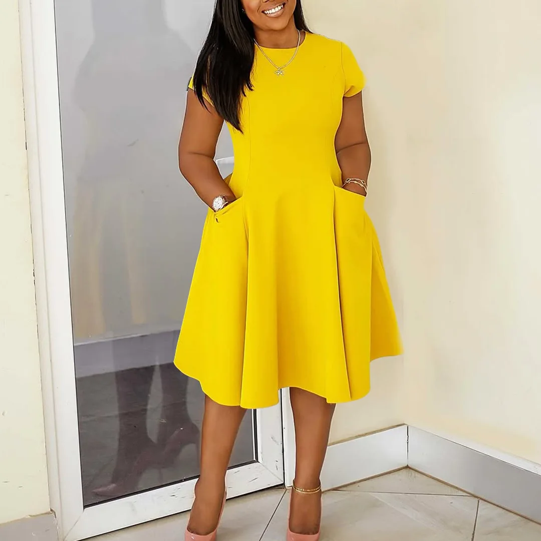 Women's Round Neck Short Sleeve High Waist Flared Dress With Pockets Multi color Slimming Comfort Casual All-match Commute Dress